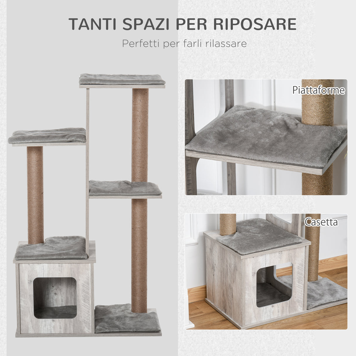 easycomfort easycomfort albero tiragraffi per gatti multi livello cuccia e corde in iuta grigio