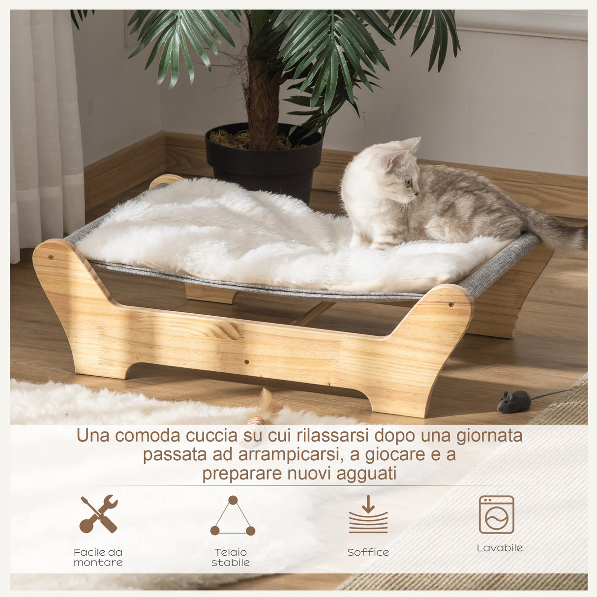 easycomfort easycomfort cuccia per gatti da interno con cuscino in peluche rimovibile e telaio in legno 68x43x20cm biancogrigio