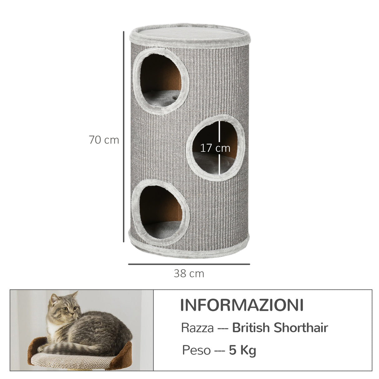 easycomfort cuccia per gatti a 3 livelli con tiragraffi in sisal e peluche o38x70cm grigio chiaro