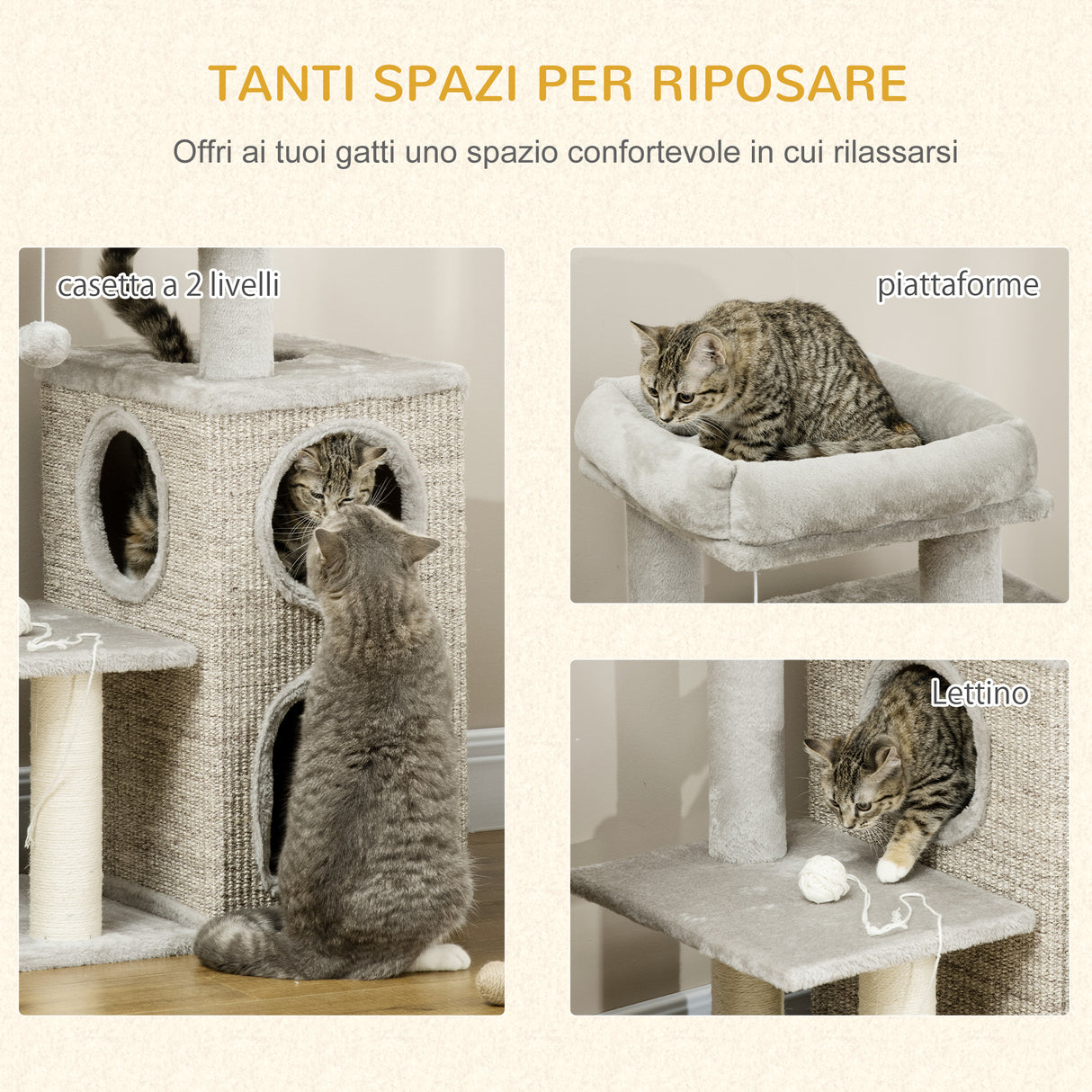 easycomfort tiragraffi per gatti da 5kg max con lettino e pallina da gioco in truciolato peluche e sisal 60x40x91 cm