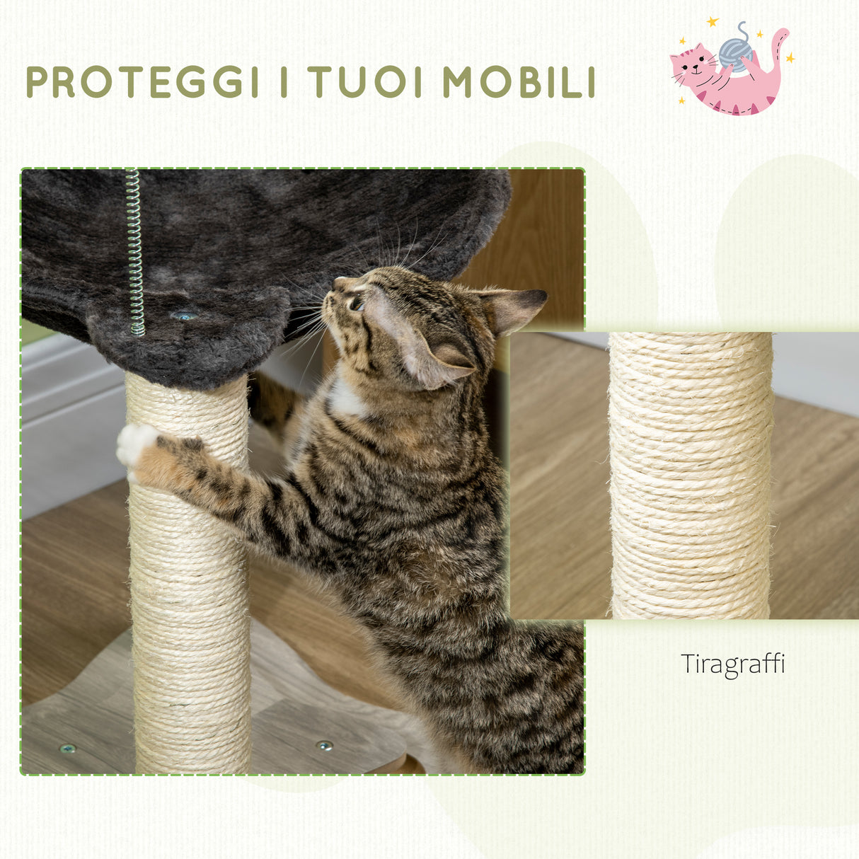 easycomfort tiragraffi per gatti con amaca in peluche base in legno con gioco e pali in sisal 53.55x53.5x66cm grigio