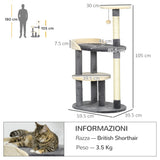 easycomfort albero tiragraffi per gatti a 3 livelli con pali in sisal e altezza 105cm grigio