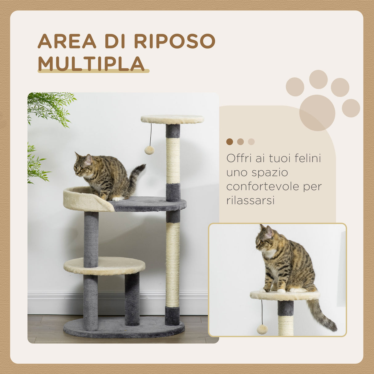 easycomfort albero tiragraffi per gatti a 3 livelli con pali in sisal e altezza 105cm grigio