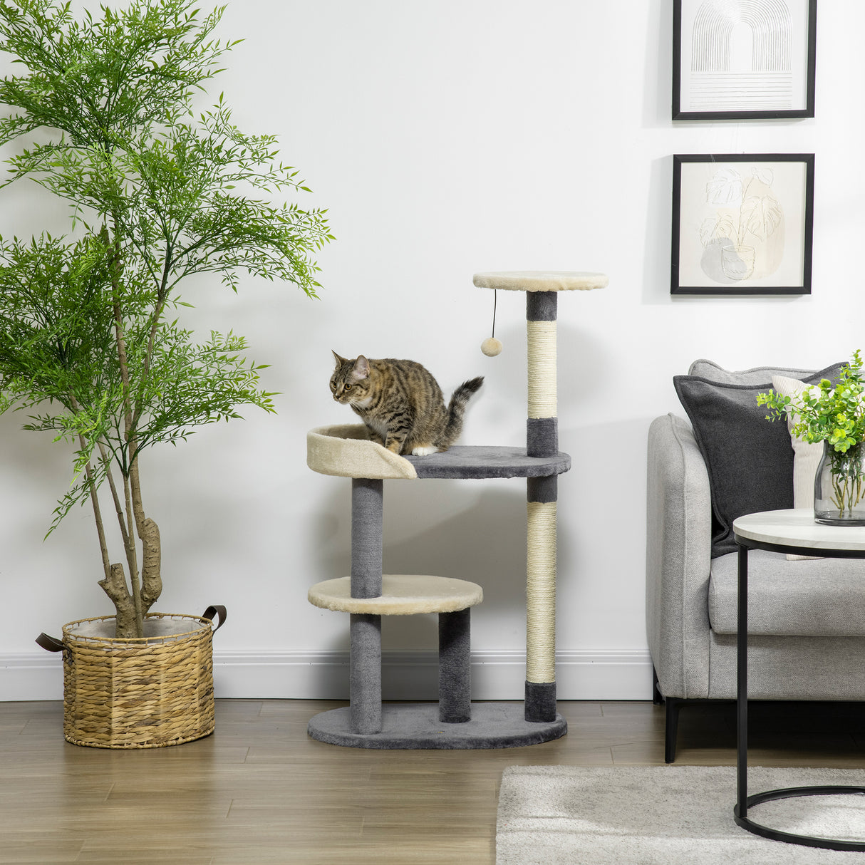 easycomfort albero tiragraffi per gatti a 3 livelli con pali in sisal e altezza 105cm grigio