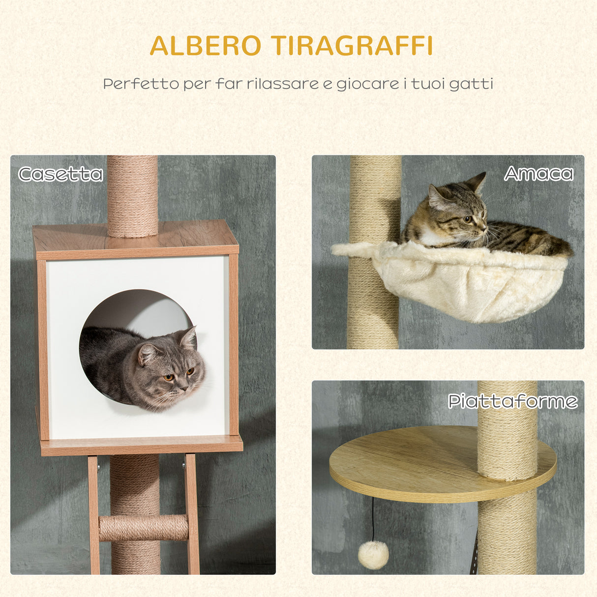 easycomfort albero per gatti in truciolato ad altezza regolabile con tiragraffi casetta amaca e pallina 40x40x225 285 cm
