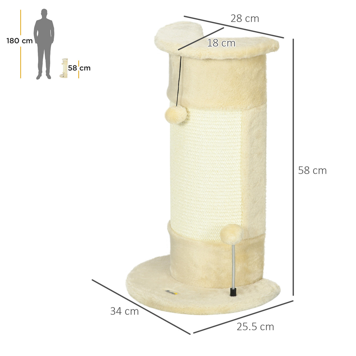 easycomfort albero tiragraffi per gatti fino 5kg con 2 palline in sisal e peluche 34x25.5x58cm beige