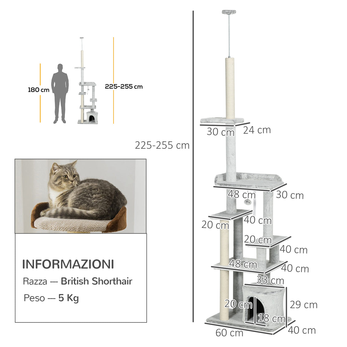 easycomfort easycomfort albero tiragraffi per gatti a soffitto con piattaforme e casetta 60x40x225 255cm grigio