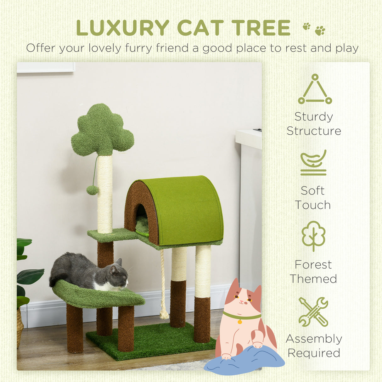 easycomfort easycomfort albero per gatti a tema foresta con casetta lettino tiragraffi e pallina 49x40x107 cm verde
