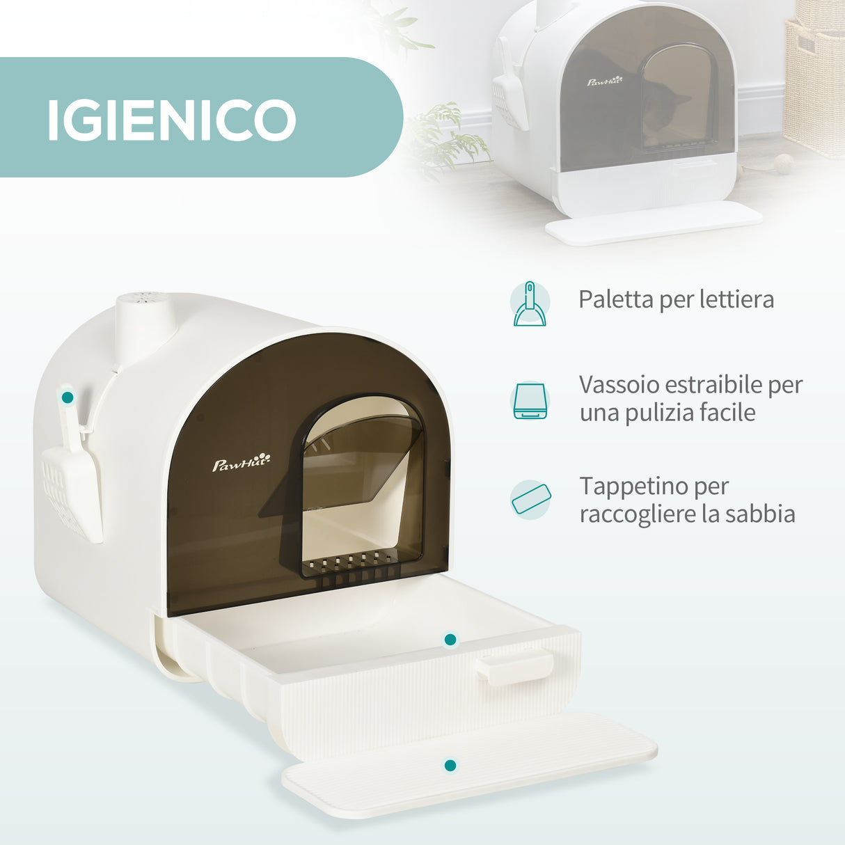 easycomfort lettiera per gatti chiusa con filtri paletta e vassoio removibile struttura in pp 43x44x47 cm bianca e nera