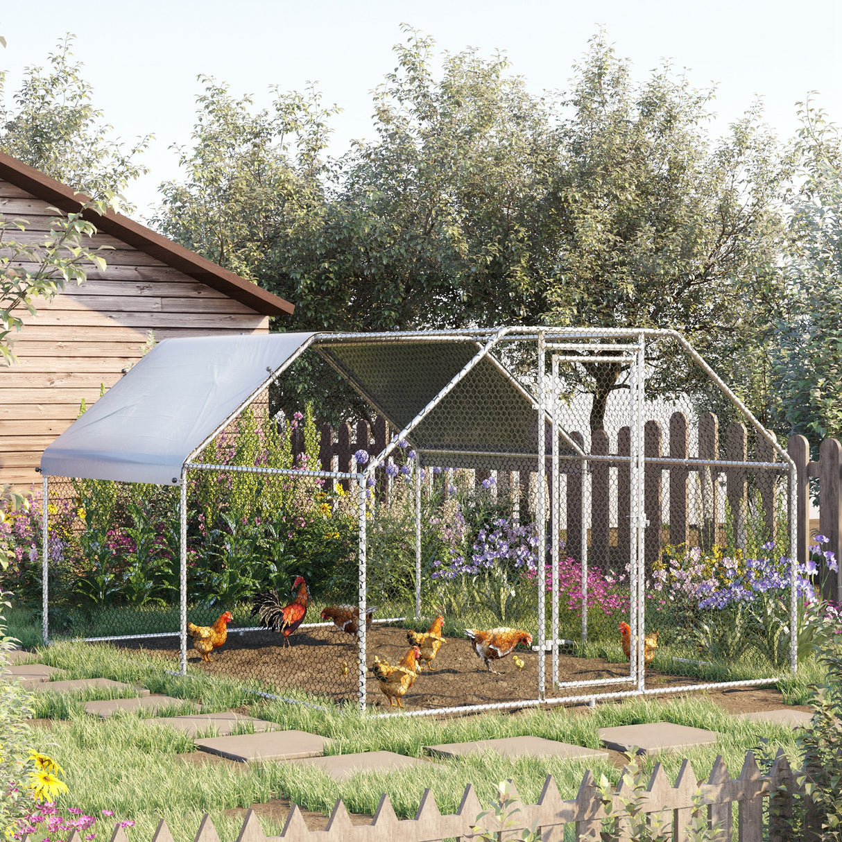 easycomfort easycomfort recinto gabbia per galline da esterno in metallo galvanizzato porta con blocco e sezione con tessuto oxford 280x380x195 cm argento