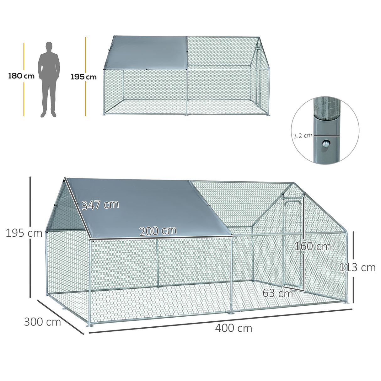 easycomfort easycomfort pollaio per galline da esterno in metallo con copertura in tessuto oxford 300x400x195 cm argento