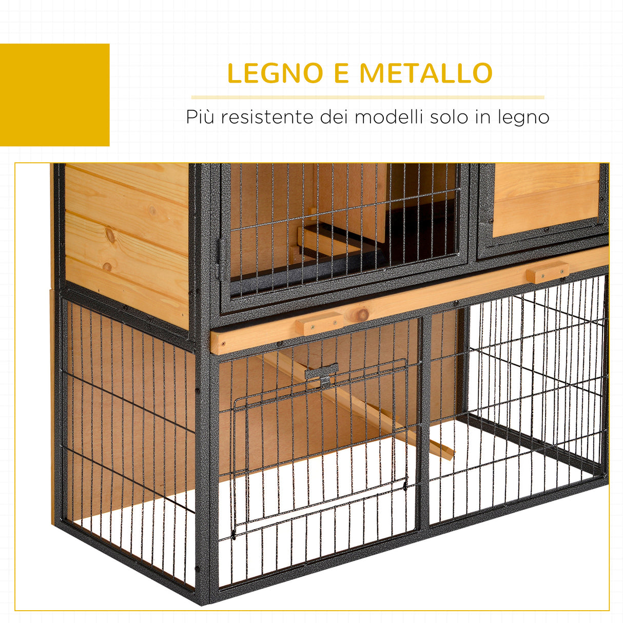 easycomfort gabbia per conigli con rampa e area aperta conigliera in legno e metallo su 2 livelli giallo chiaro 89.5x45x81cm