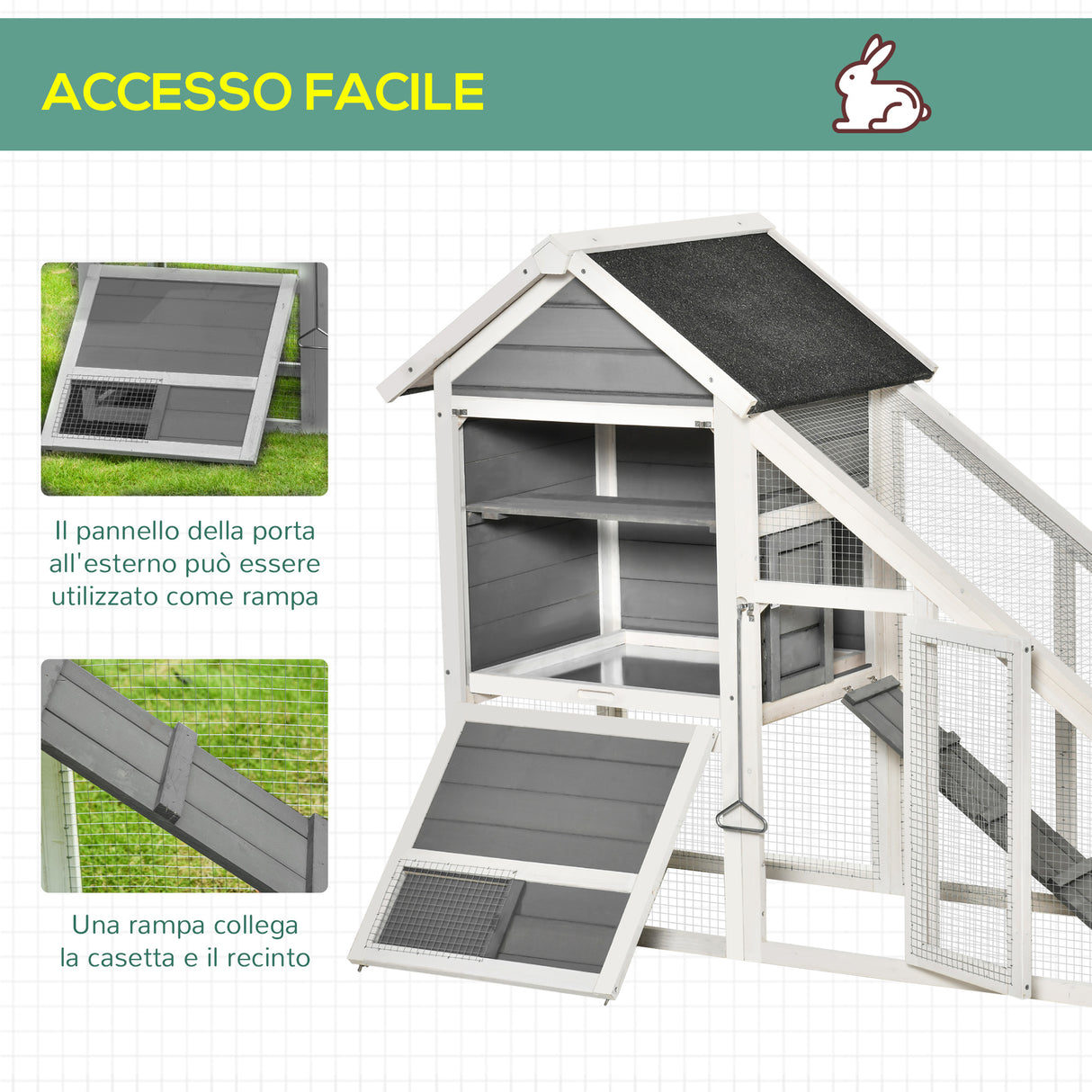 easycomfort easycomfort conigliera in legno con area aperta e rampa casetta per conigli con fondo estraibile e porte 140x65x120cm grigio