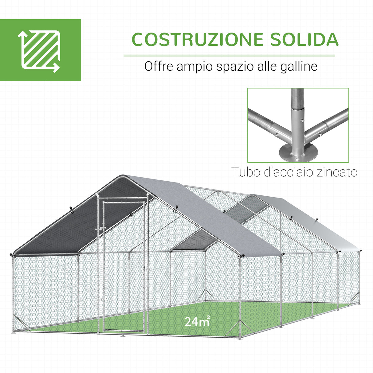 easycomfort pollaio da giardino con telaio zincato copertura impermeabile e rete esagonale 3x8x2m argento