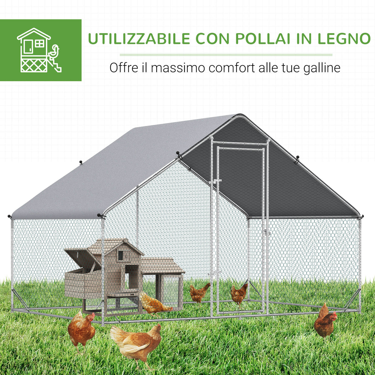 easycomfort pollaio da giardino con telaio zincato copertura impermeabile e rete esagonale 3x2x2m argento