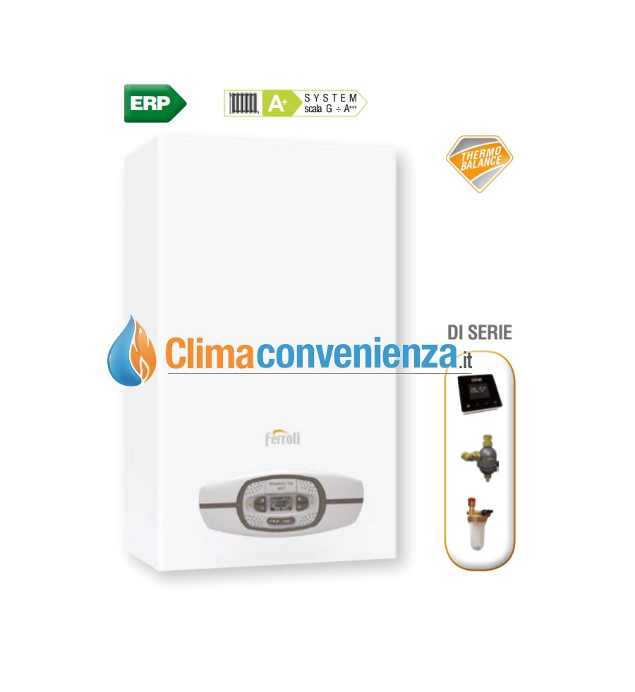 caldaia ferroli bluehelix top rrt 28c a condensazione metano o gpl completa di kit scarico fumi comando remoto defangatore e dosatore di serie 0t3f2xwa novita