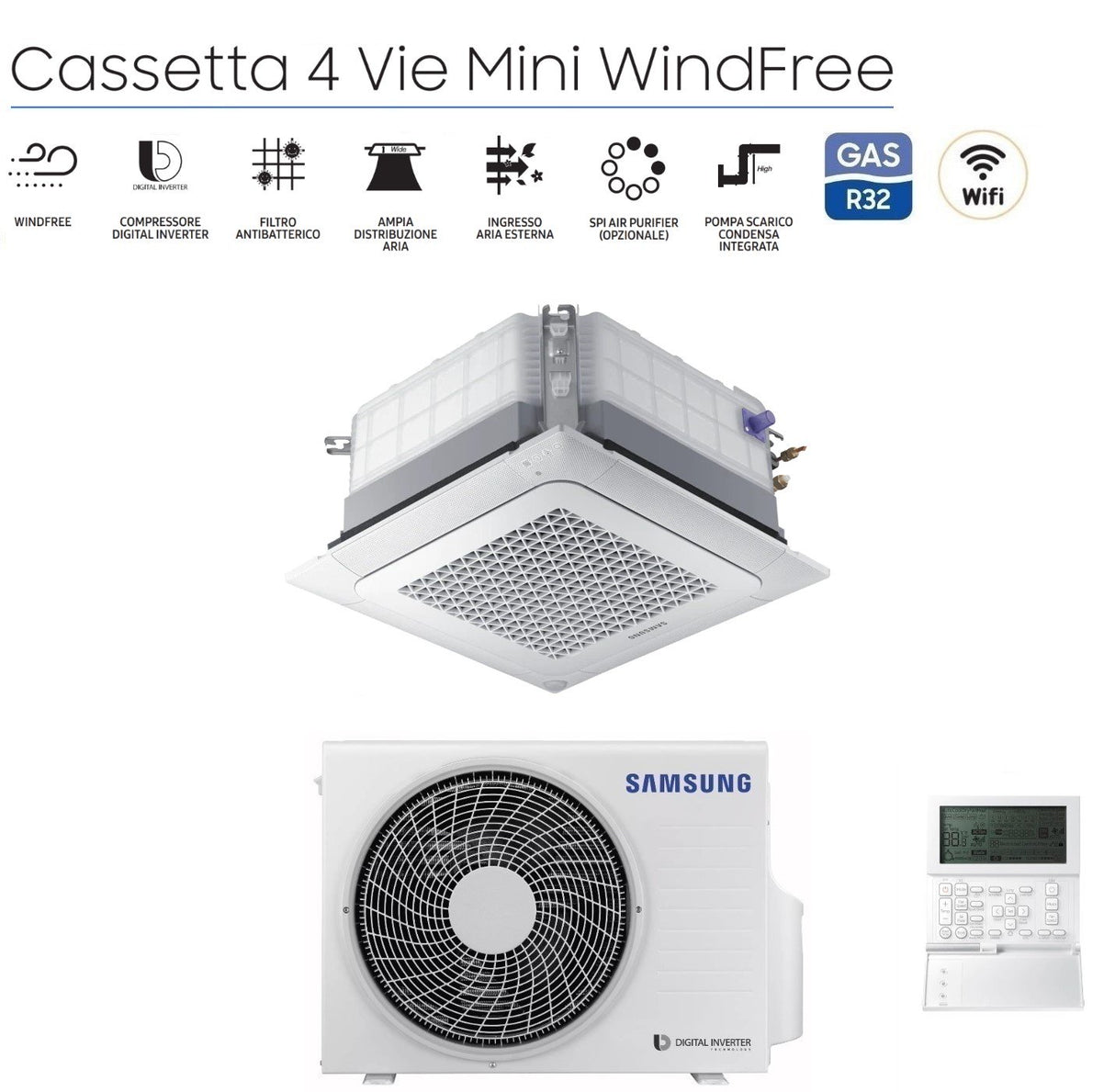 climatizzatore condizionatore inverter samsung cassetta 4 vie mini windfree 12000 btu r 32 ac035rnndkg con pannello e comando a filo novita
