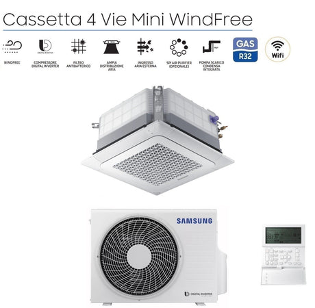 climatizzatore condizionatore inverter samsung cassetta 4 vie mini windfree 12000 btu r 32 ac035rnndkg con pannello e comando a filo novita