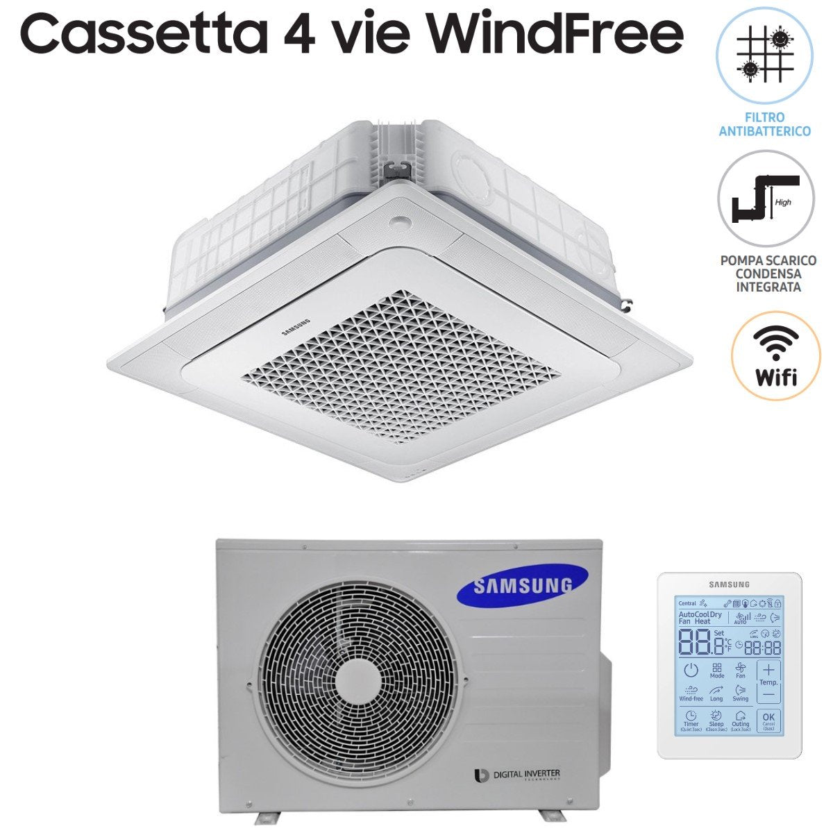 climatizzatore condizionatore samsung inverter cassetta a 4 vie windfree 24000 btu ac071nn4dkh monofase wi fi optional con telecomando wireless e pannello incluso 6389