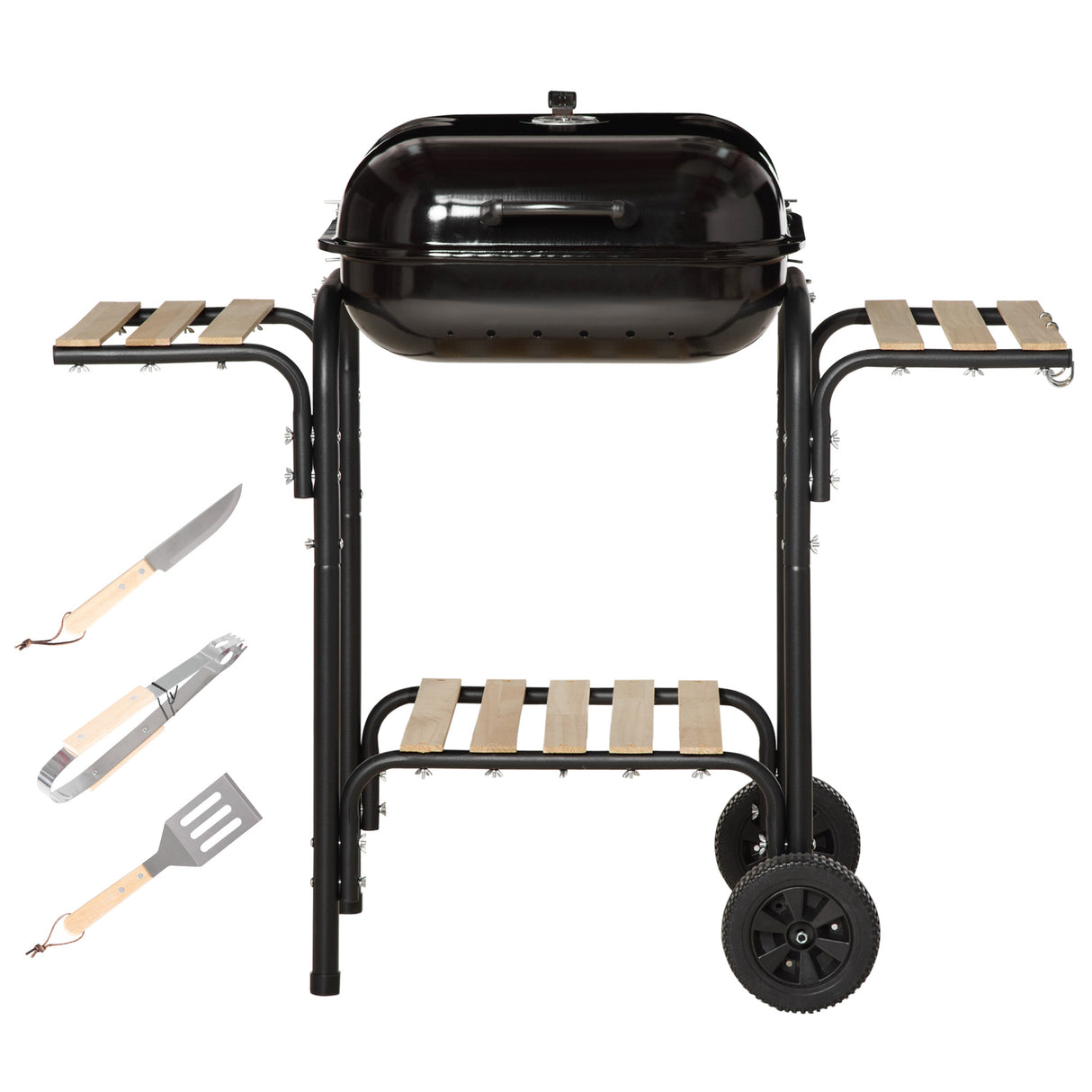 easycomfort easycomfort barbecue a carbone con coperchio ripiani e ruote completo di spatola pinza e coltello nero