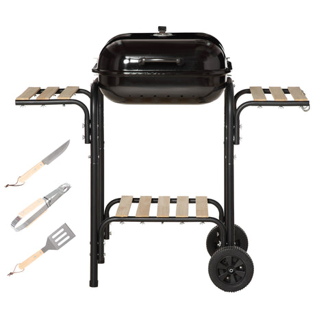 easycomfort easycomfort barbecue a carbone con coperchio ripiani e ruote completo di spatola pinza e coltello nero