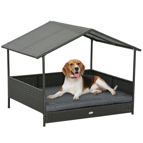 easycomfort easycomfort casetta per cani rialzata con cuscino sfoderabile in rattan pe e acciaio 117x85x89 cm grigio e marrone