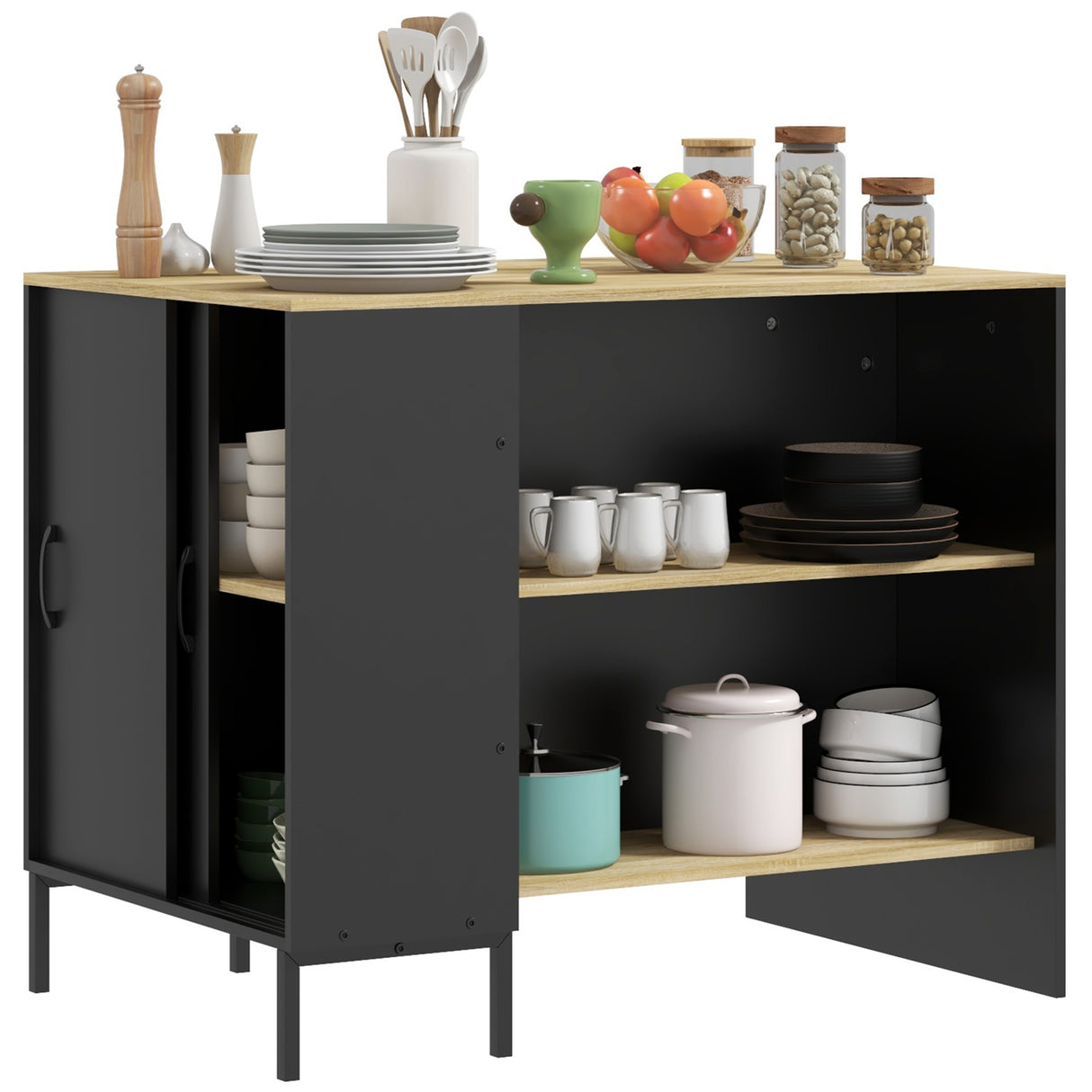 easycomfort easycomfort isola da cucina con ripiani portacoltelli e armadietto con anta scorrevole 14 5x70x90cm nero