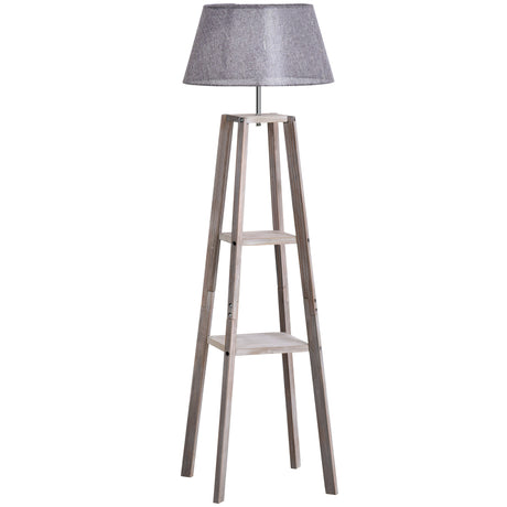 easycomfort easycomfort lampada da terra in legno con 3 ripiani e paralume in tessuto 45x45x148cm grigio