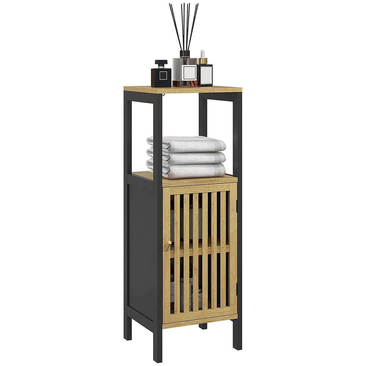 easycomfort easycomfort mobiletto bagno con ripiano aperto e armadietto in mdf e bambu 32x30x90 5 cm nero e color legno