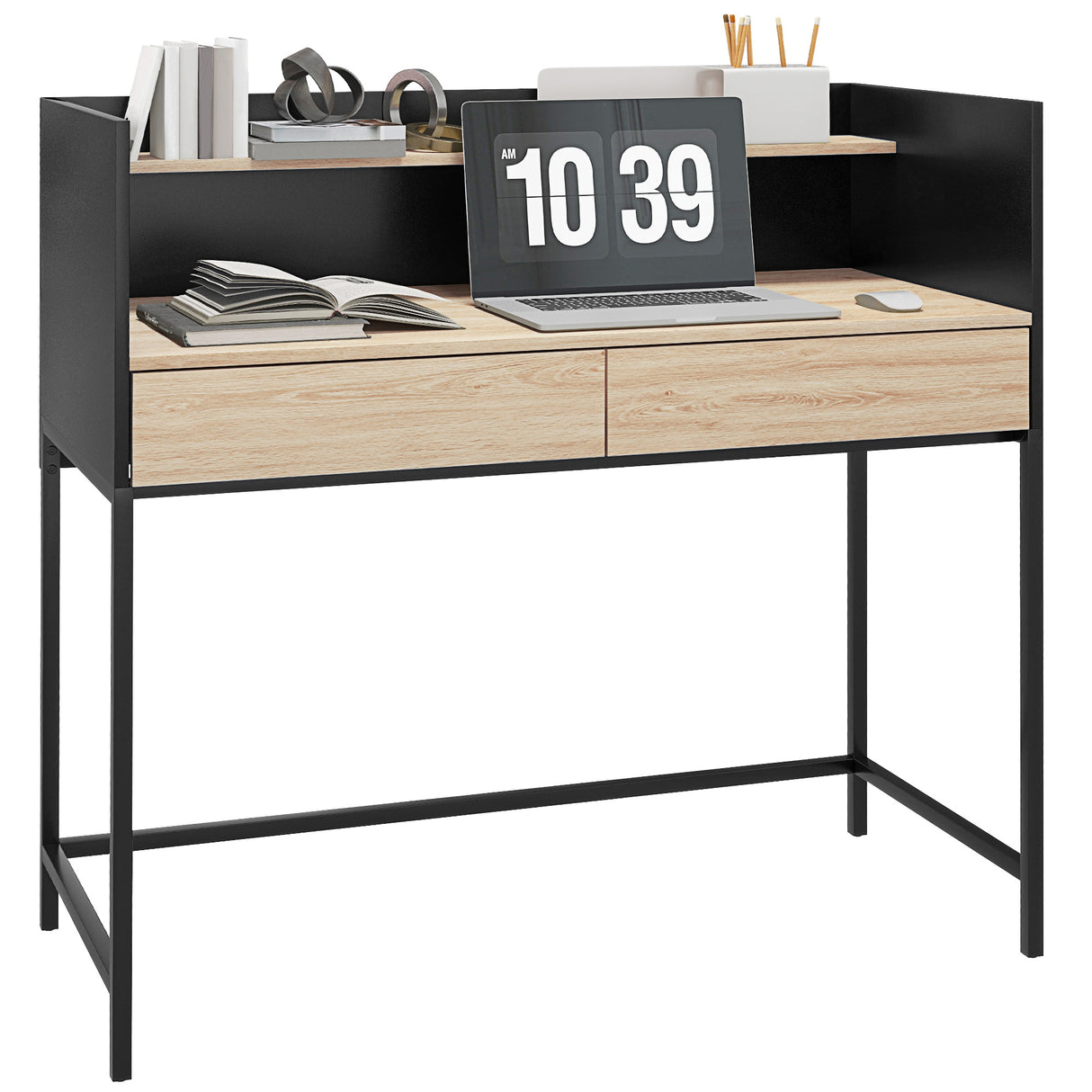 easycomfort easycomfort scrivania 2 cassetti con ripiano superiore in legno e acciaio 106x51 5x102 5 cm nero e color quercia