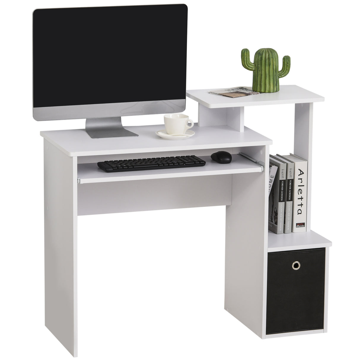 easycomfort easycomfort scrivania moderna con mensola per tastiera e cassetto in tessuto 100x40x86 6cm bianco e nero