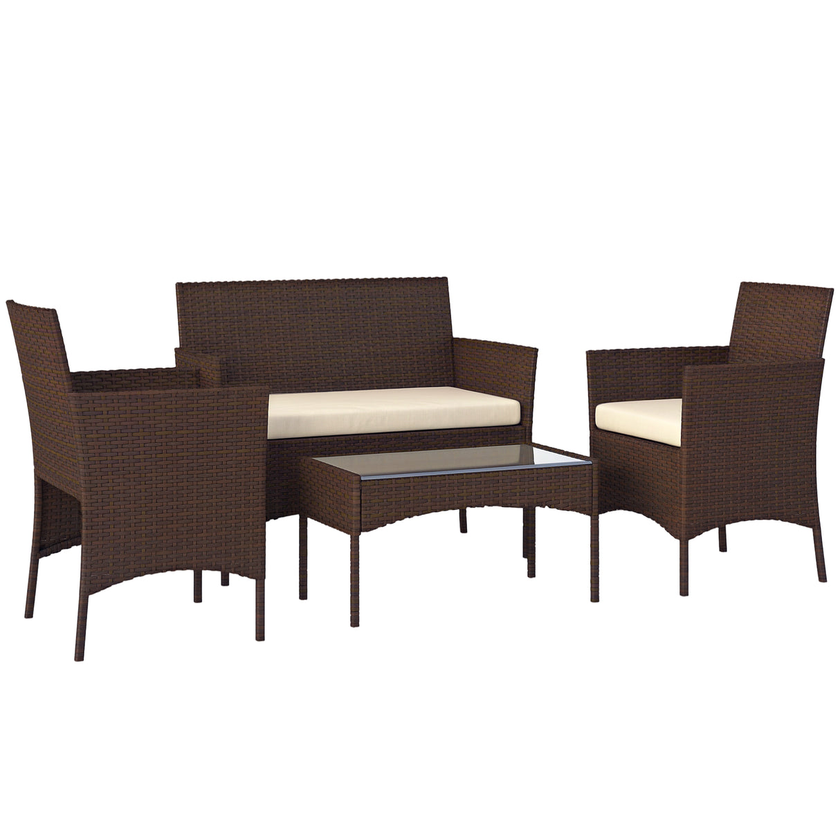 easycomfort easycomfort set da giardino 4 pezzi con divano 2 posti 2 sedie e tavolino basso in rattan e acciaio beige e marrone