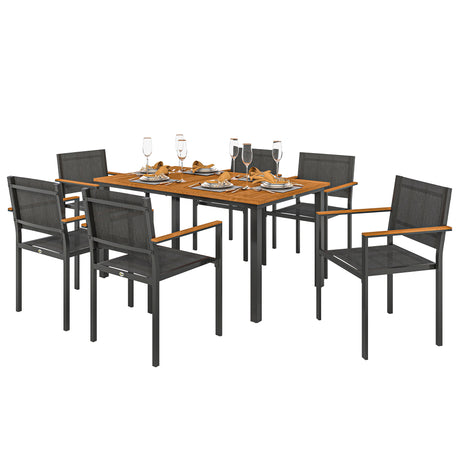 easycomfort easycomfort set da giardino 7 pezzi con tavolo da pranzo e 6 sedie impilabili con braccioli teak