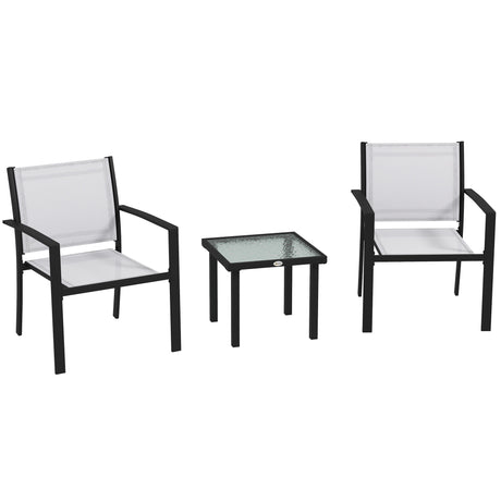 easycomfort easycomfort set da giardino con tavolino in vetro e 2 sedie impilabili in tessuto a rete grigio chiaro