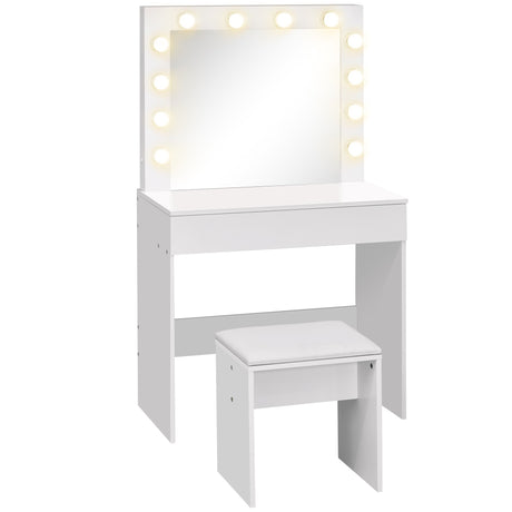 easycomfort easycomfort set tavolo da trucco toeletta con specchio 12 luci led sgabello imbottito e ampio cassetto in legno 80x40x140 cm bianco