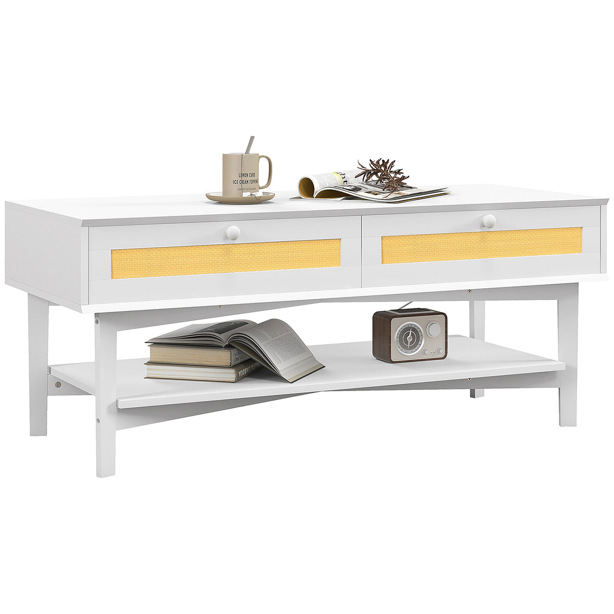 easycomfort easycomfort tavolino da caffe boho con 2 cassetti e ripiano in rattan e truciolato 120x50x50 cm bianco e color legno