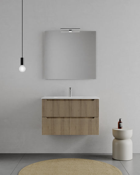 legnox consolle bagno legnox rigo 80 cm rovere con 2 cassetti lavabo specchio e lampada