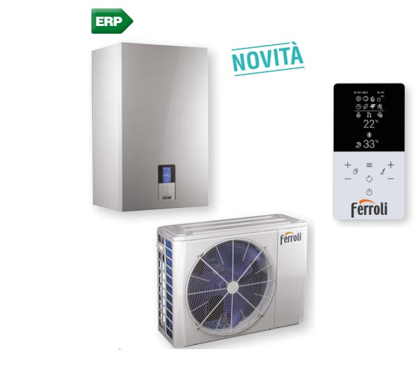 pompa di calore ibrida aria acqua ferroli omnia s hybrid c 6 kw per installazione splittata con produzione sanitaria istantanea comando incluso a bordo macchina