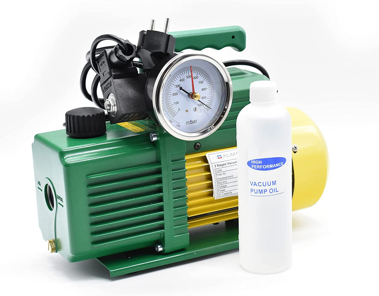 pompa vuoto bistadio klimaline con vacuometro e valvola solenoide per impianti gas hfo   r32   r410   r1234yf 142 l min motore antideflagrante per condizionamento climatizzatore