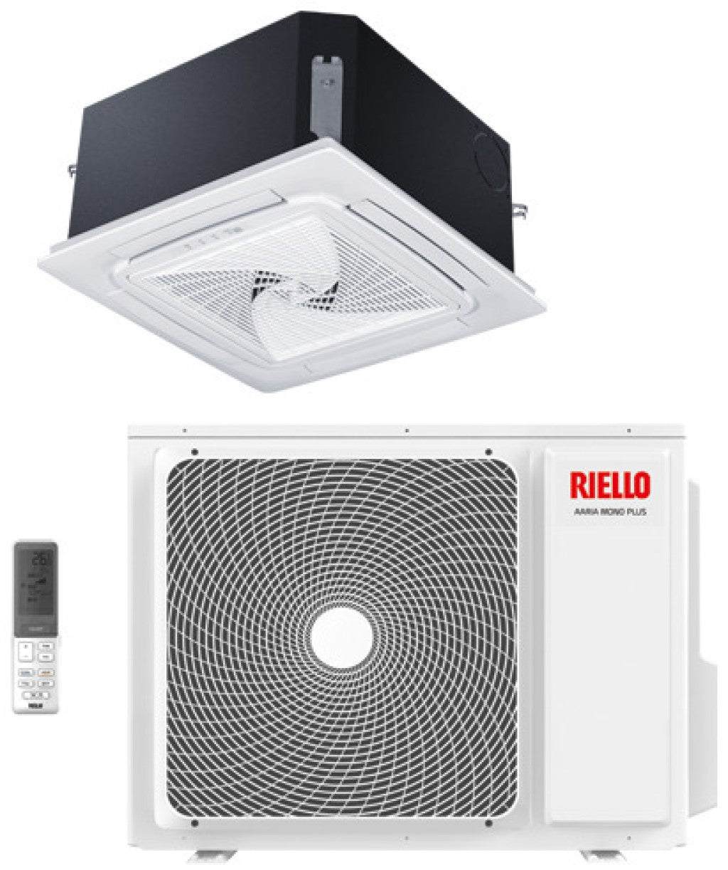 riello condizionatore a cassetta 4 vie 90x90 riello 42000 btu aaria pro p amk 125 p r 32 con pannello e telecomando inclusi