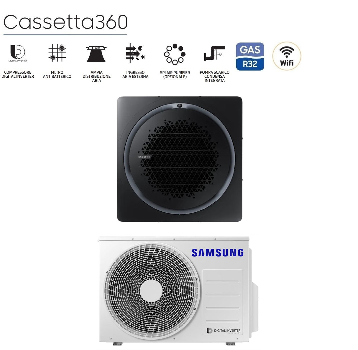 climatizzatore condizionatore samsung inverter cassetta 360 24000 btu ac071rn4pkg eu r 32 wi fi optional con comando a filo incluso vari pannelli disponibili