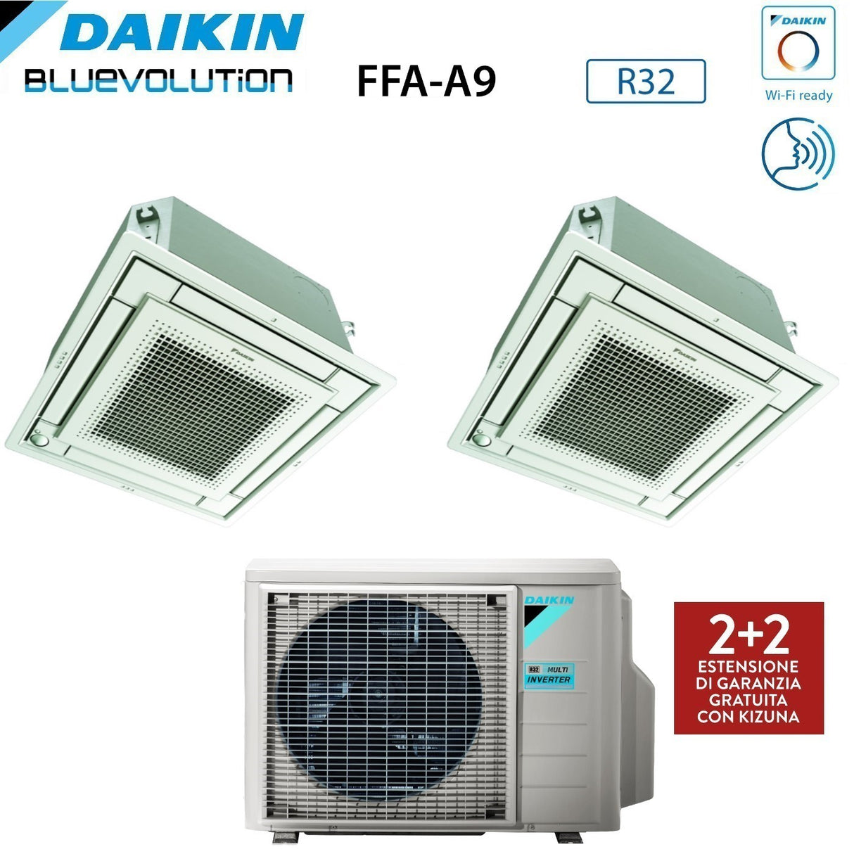 climatizzatore condizionatore daikin bluevolution inverter dual split a cassetta ffa a 9_9 con 2mxm40m r 32 wi fi optional con comando a filo e griglia bianca 9000_9000 garanzia italiana