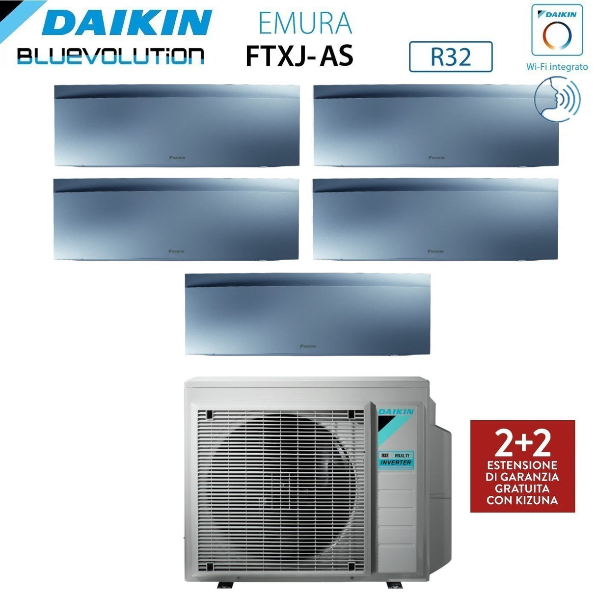 climatizzatore condizionatore daikin bluevolution penta split inverter serie emura silver iii 9_9_9_12_12 con 5mxm90n r 32 wi fi integrato 9000_9000_9000_12000_12000 colore argento garanzia italiana