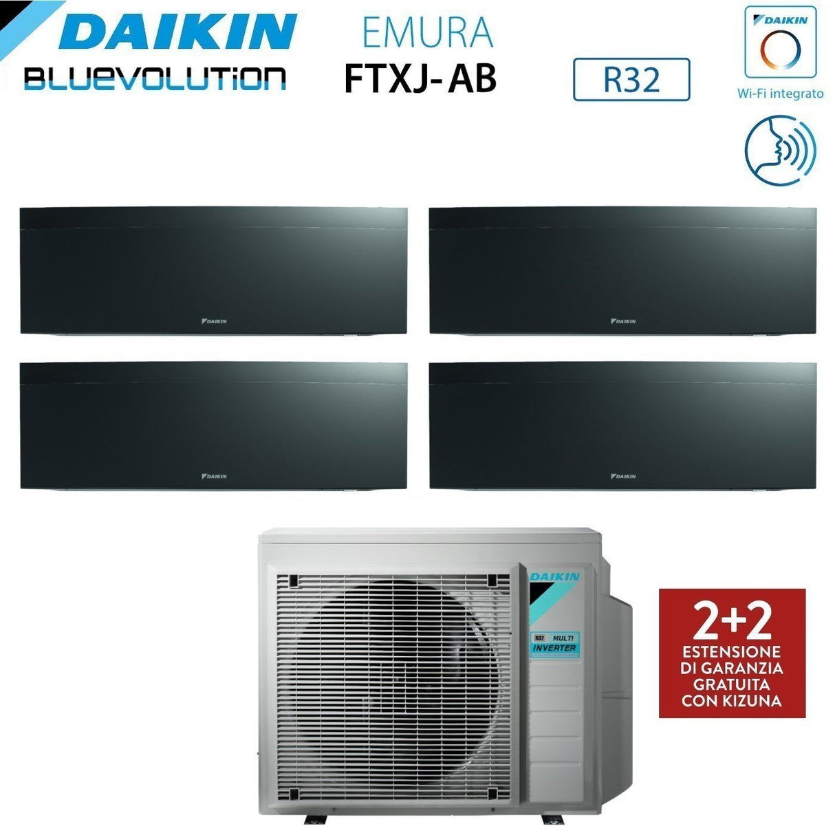 climatizzatore condizionatore daikin bluevolution quadri split inverter serie emura black iii 7_9_12_15 con 4mxm80n r 32 wi fi integrato 7000_9000_12000_15000 colore nero garanzia italiana