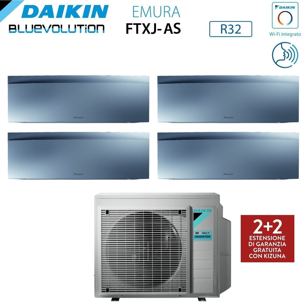 climatizzatore condizionatore daikin bluevolution quadri split inverter serie emura silver iii 9_9_9_15 con 4mxm80n r 32 wi fi integrato 9000_9000_9000_15000 colore argento garanzia italiana