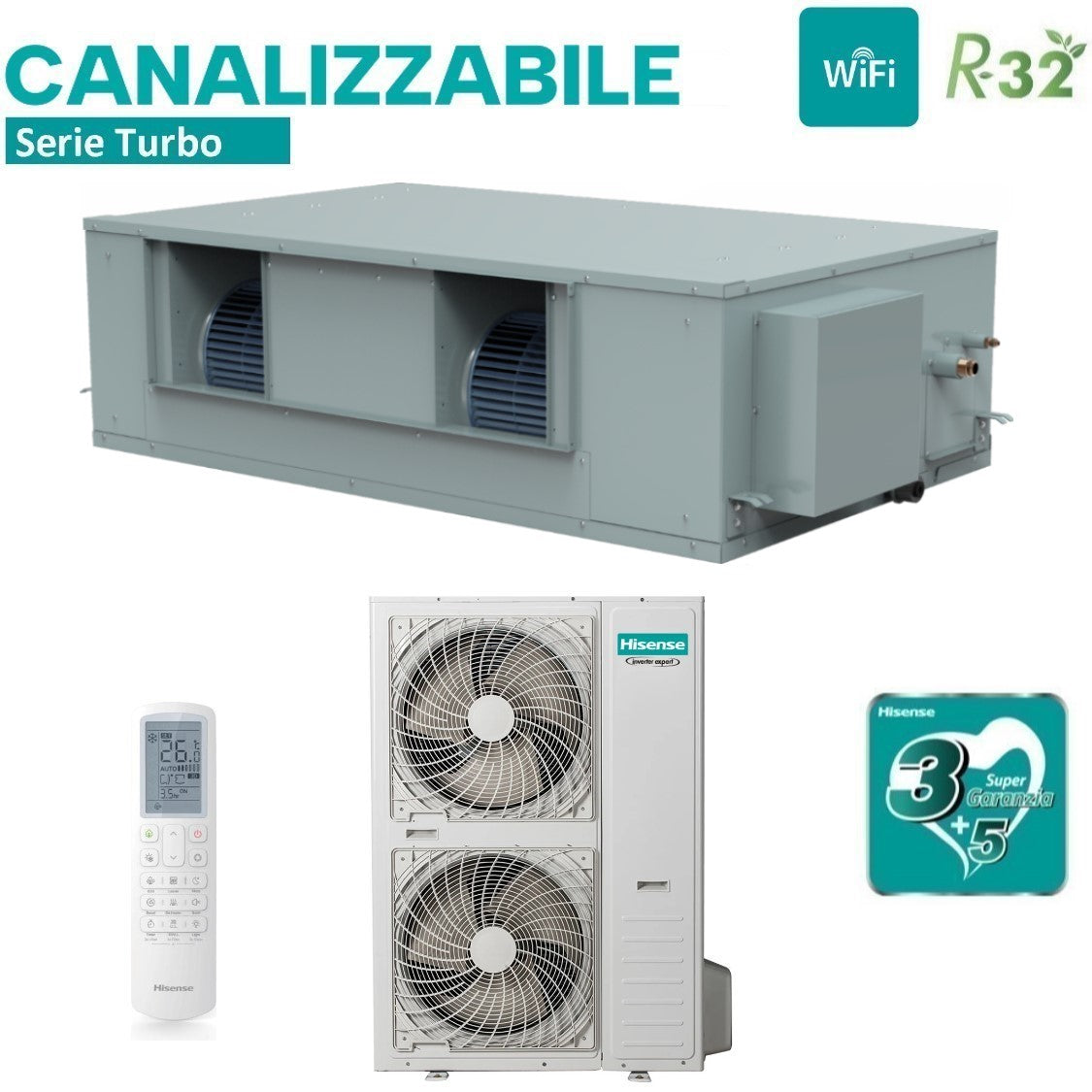 climatizzatore condizionatore hisense canalizzato canalizzabile hsp inverter 85000 btu aud250ux4rph8 trifase r 32 wi fi optional con comando a filo e telecomando di serie