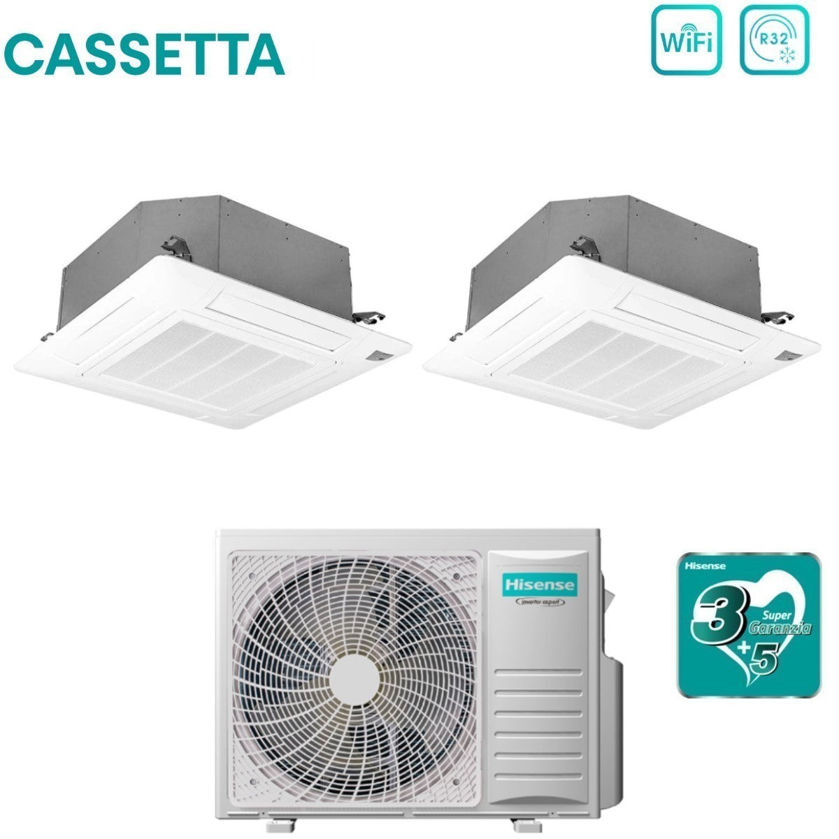 climatizzatore condizionatore hisense dual split inverter a cassetta 12_12 con 2amw52u4rxc r 32 wi fi optional 12000_12000 con telecomando e pannello incluso