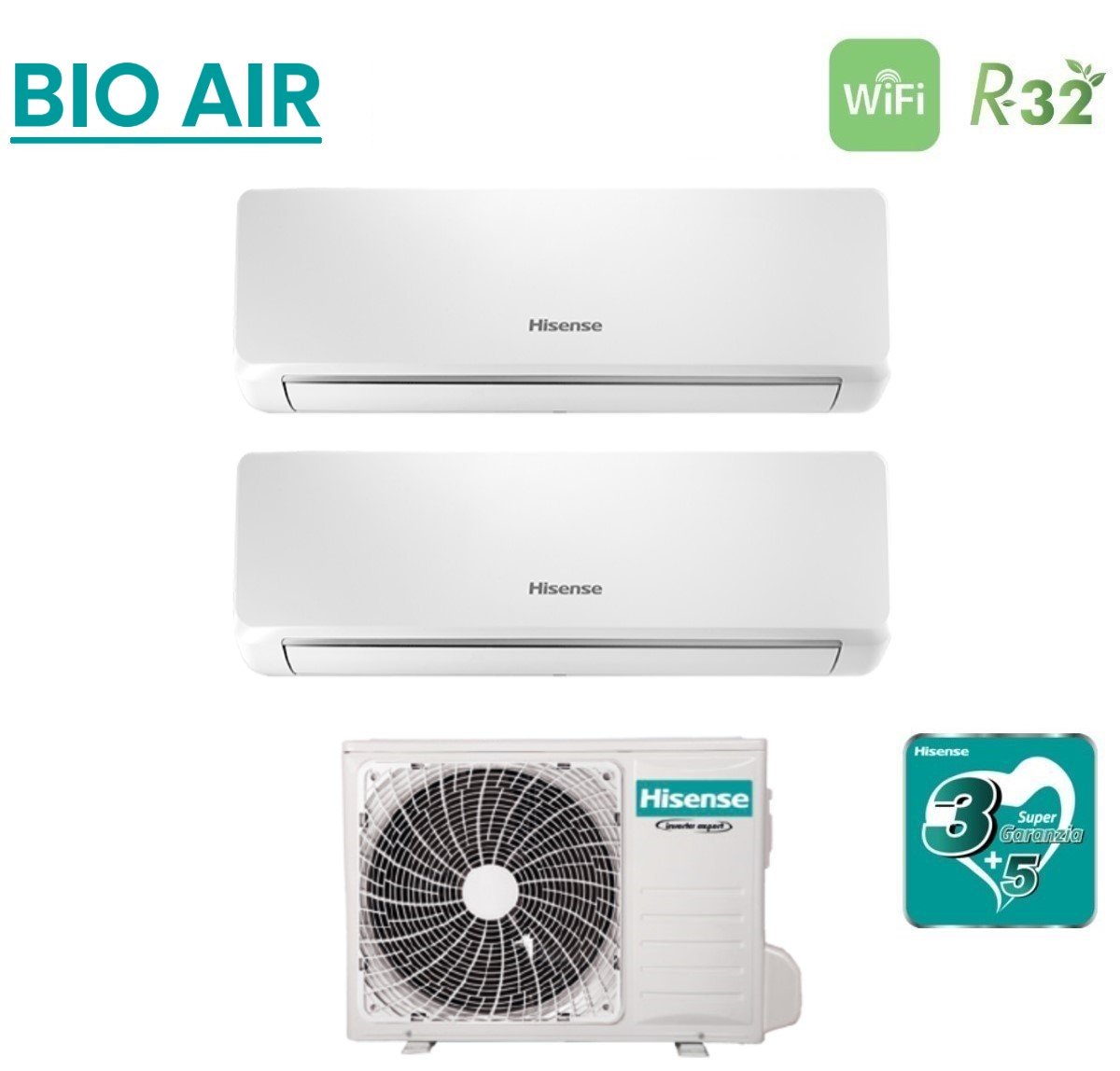 climatizzatore condizionatore hisense dual split inverter serie bio air 12_12 con 2amw52u4rxc r 32 wi fi integrato 12000_12000