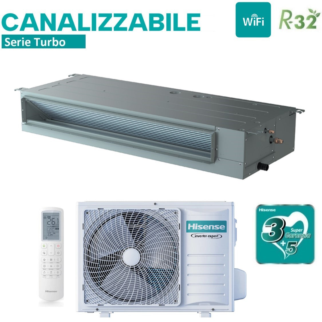 climatizzatore condizionatore hisense inverter canalizzato canalizzabile serie turbo 9000 btu adt26ux4rbl8 _ auw26u4rs8 r 32 wi fi optional classe a__ a__ con telecomando e comando cablato di serie