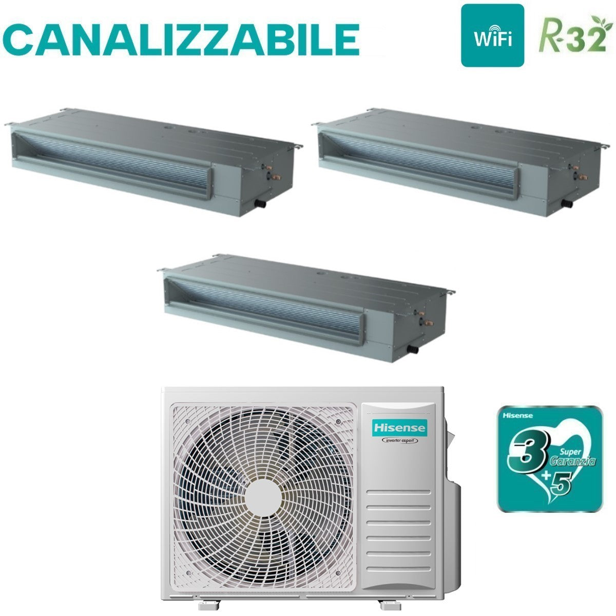 climatizzatore condizionatore hisense trial split inverter canalizzato canalizzabile 9+9+12 con 3amw52u4rja r 32 wi fi optional 9000+9000+12000 con telecomando di serie e cablato incluso